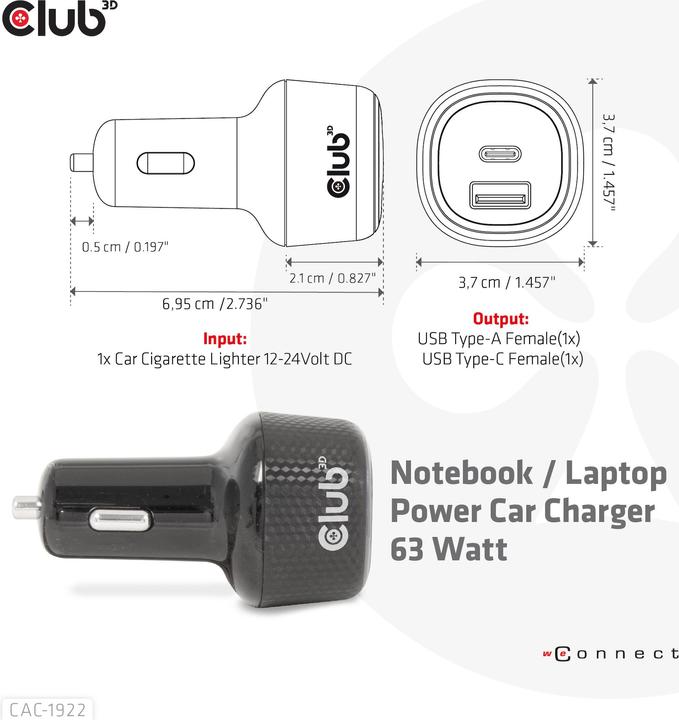 Produktbild Club 3D Club3D USB KFZ-Ladegerät 1xUSB C, 1xUSB A, 63W, 12/24V retail