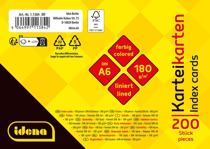 Image du produit Idena Karteikarten liniert 180g/m² DIN A6 200 Stück 4fach sortiert (A6, 200x, 180 g/m²)