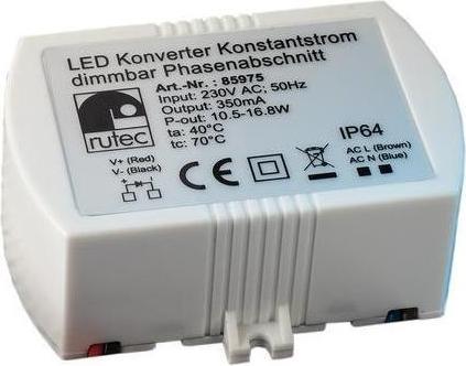 Immagine prodotto Rutec Convertitore LED, 350mA, 10,5W-16,8W, 230V AC, dimmerabile con taglio di fase, statico, IP64