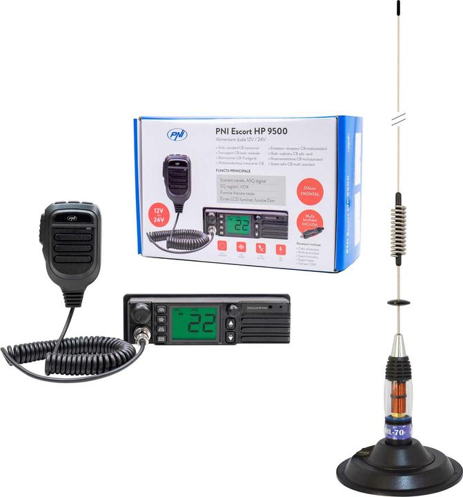 Produktbild PNI Paket Escort HP 9500 CB-Funkgerät, ASQ, 12–24 V + ML70 CB-Antenne, 70 cm mit 145 mm Magnetfu (8 km)