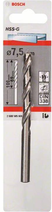 Immagine prodotto Bosch Professional Zubehör Trapano per metallo HSS-G, DIN 338, 7,5 x 69 x 109 mm, confezione da 1 pz. (7,5 mm)