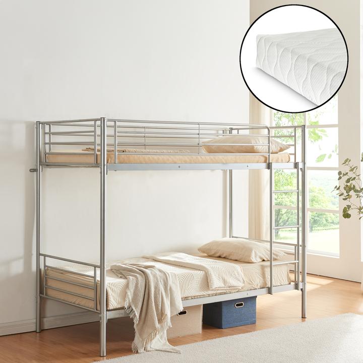 Produktbild En.Casa Metall-Etagenbett Soppsar mit 2 Matratzen 200x90 cm Silber (90 x 200 cm)