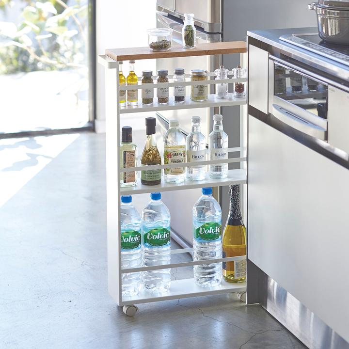 Actual product image Yamazaki Narrow trolley with wooden shelf TOWER