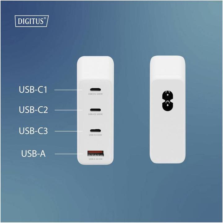 Actual product image Digitus USB GaN Charger 140W, 3x USB-C, 1x USB-A (140 W, 4 ports)