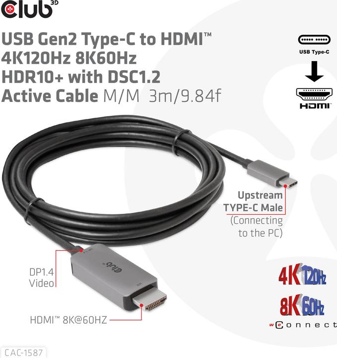 Produktbild Club 3D HDMI (Typ A) — USB C (3 m, USB Typ C, HDMI, 2.1)