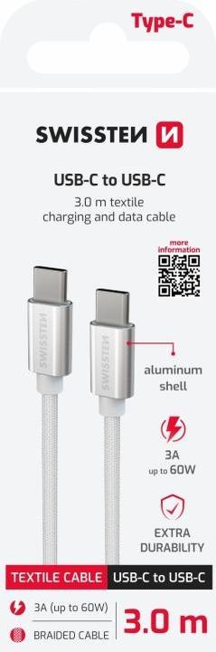 Produktbild Swissten Textile Universal Quick Charge 3.1 USB-C / USB-C Data and Charging Cable 3m silver (3 m)