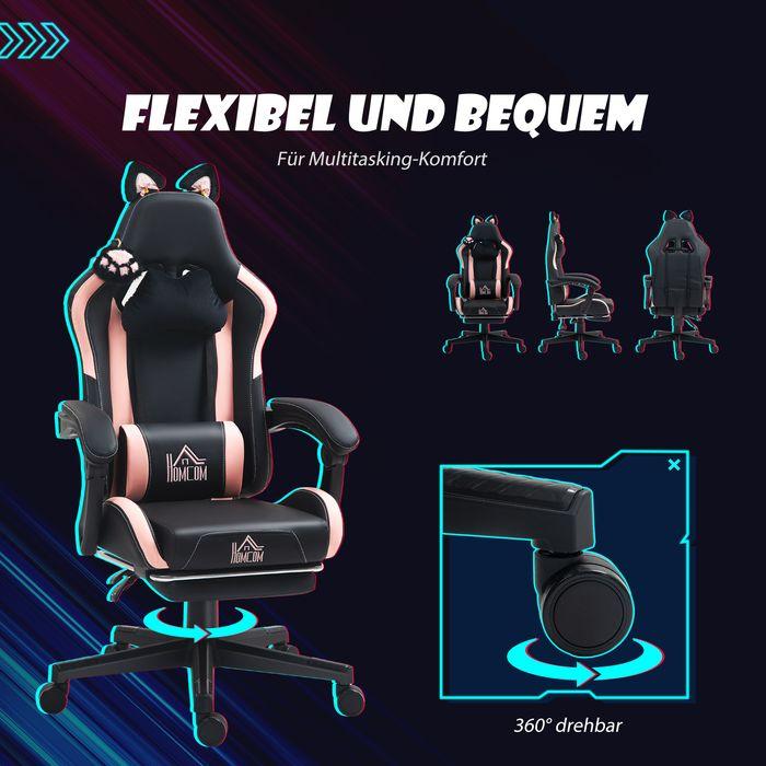 Produktbild Swisshandel24 Gaming-Sessel, Katzenohren, neigbar, ausziehbare Fussstütze, bis 120kg, Rosa/Schwarz