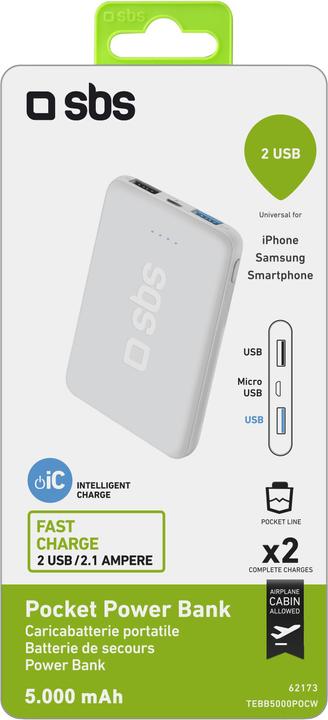 Productafbeelding SBS Pocket Power Bank 5000 mAh (5000 mAh, 18.50 Wh)