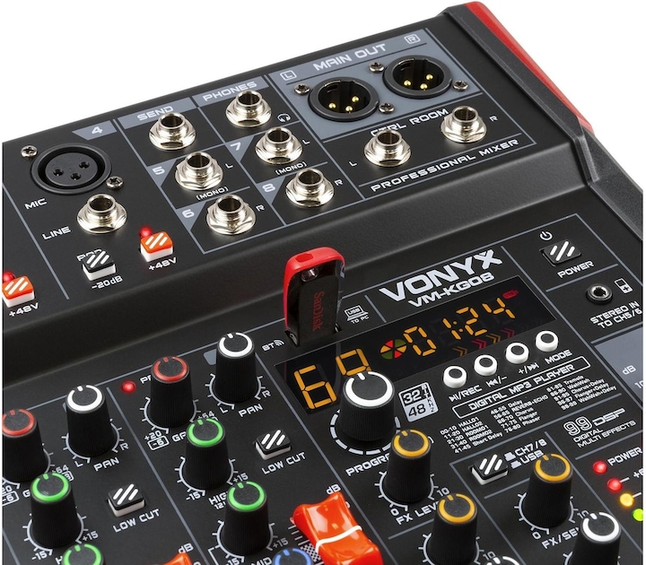 Vonyx VM-KG08 - Panneau d'affichage 8 canaux Bluetooth, DSP, lecteur mp3 et interface audio USB (Studio et mixeur live)