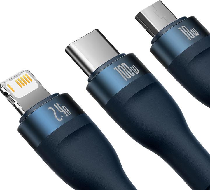 Produktbild Baseus 3in1 USB cable Flash Series, USB-C + micro USB + Lightning, 100W, 1.2m (blue) (1.20 m, USB 2.0)