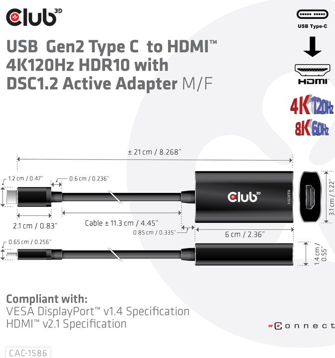 Produktbild Club 3D USB-Typ-C Gen2 auf HDMI™ 4K120Hz HDR10 mit DSC 1.2 aktiv St./B. (HDMI, 15 cm)