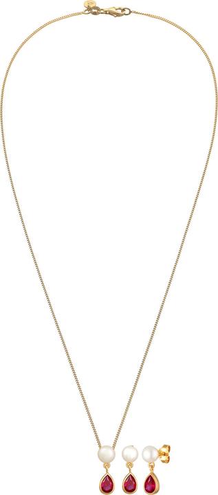 Immagine prodotto Elli Orecchini di pietre preziose, collana di pietre preziose, perla (Rubino sintetico, Argento 925 placcato oro, Perle coltivate d'acqua dolce)