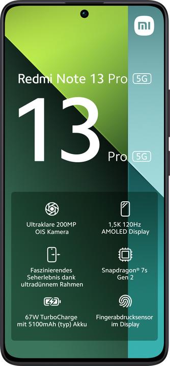 Produktbild Xiaomi Redmi Note 13 Pro 5G (256 GB, Midnight Black, 6.67", Dual SIM, 200 Mpx, 5G)