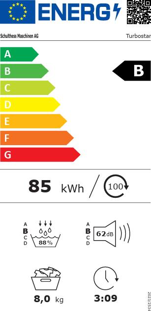 Energie-Label Schulthess Turbostar+ Wäschetrockner, Türbandung Links (8 kg, Links)