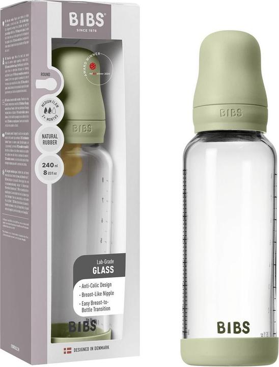 Productafbeelding Bibs - Glass Baby Bottle Round Latex Medium Flow - Sage - 240 ml (240 ml)