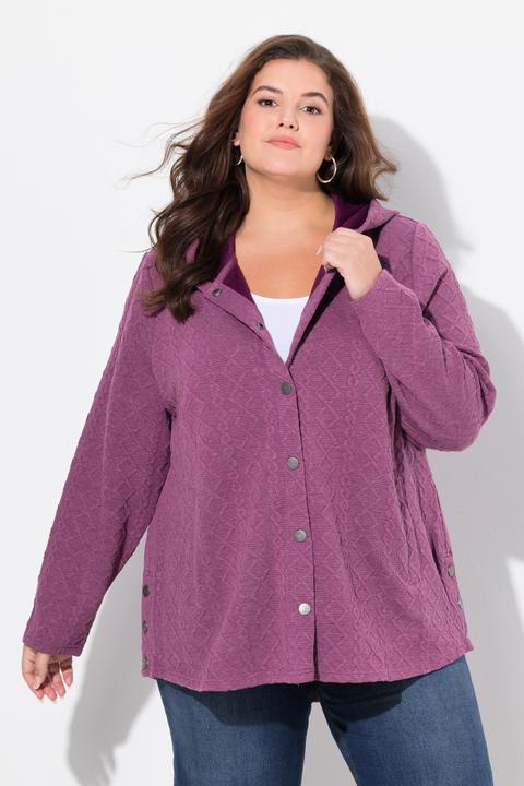 Image du produit Ulla Popken Veste à capuche, motif torsadé et boutons-pression. Dos plus long. (62)