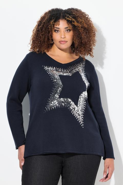 Produktbild Ulla Popken Pullover, Pailletten-Stern, V-Ausschnitt, Langarm (56)