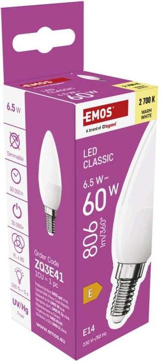 Image du produit Emos Lampe LED Classic Candle / E14 / 6,5 W (60 W) / 806 lm / Blanc chaud (E14, 806 lm, 1 x)