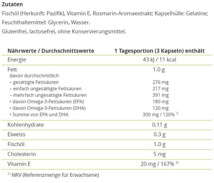 Valori nutrizionali e ingredienti Alpinamed Olio di pesce (100 Pezzo/i, Pillole, 70 g)