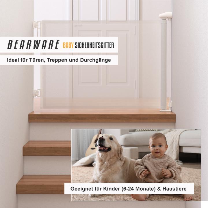Image du produit Bearware Baby-Sicherheitsgitter, Einhandbedienung, geeignet für Treppen, Türen, ausziehbar, 180cm, weiss (71.10 cm)