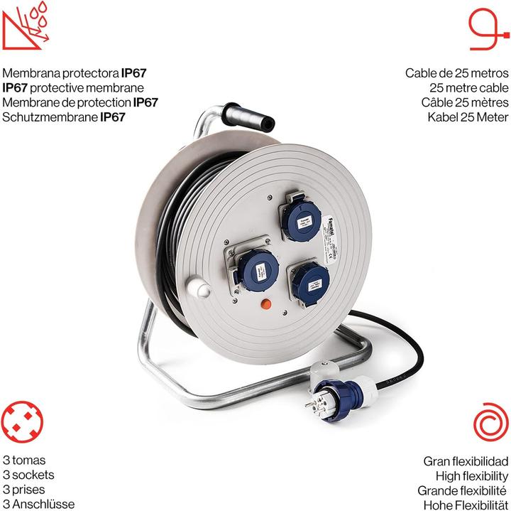 Produktbild Famatel Industrielle Kabelhaspel mit 3 IP67-Steckdosen, 25 m, 16 A, 250 V, Sicherheitsschalter (25 m, 1.50 mm²)