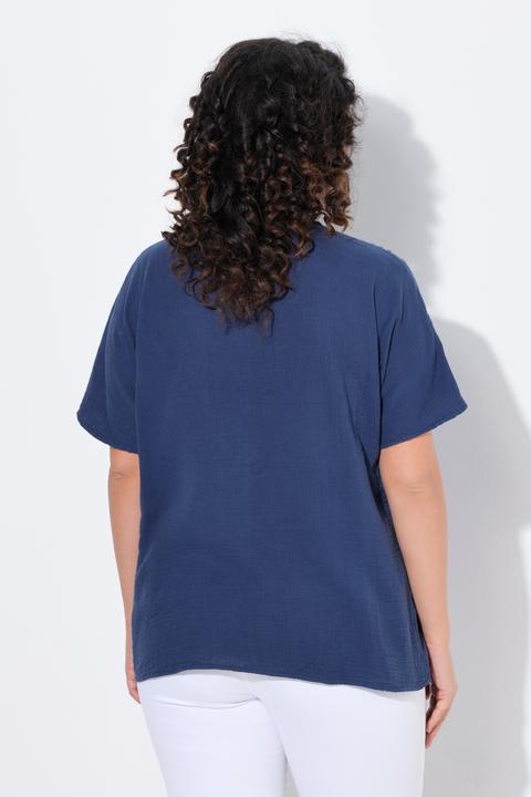 Produktbild Ulla Popken Musselin-Bluse, Oversized, Biesen, V-Ausschnitt, Halbarm (58)