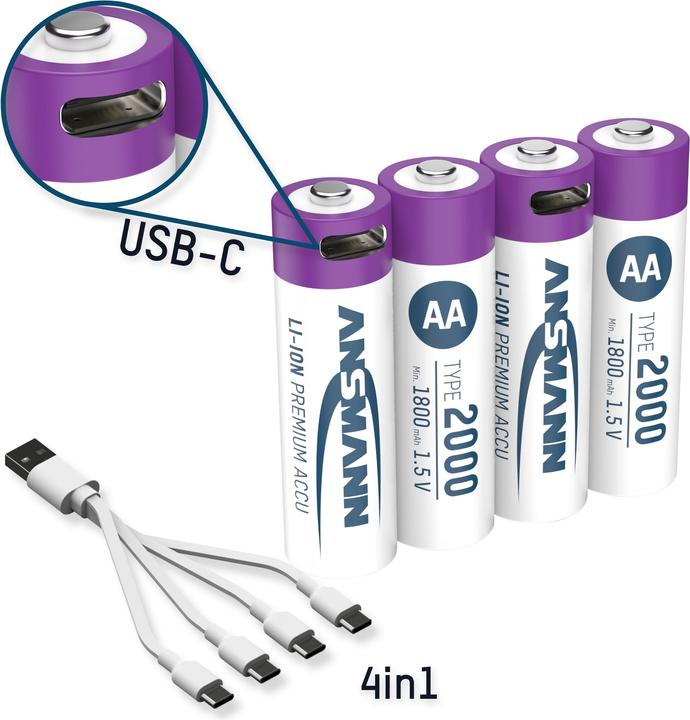 Ansmann 1312-0036 Li-Ion oplaadbare batterijen Mignon AA type 2000 (min. 1800 mAh) 4-pak doos (4 Pcs., AA, 1800 mAh)