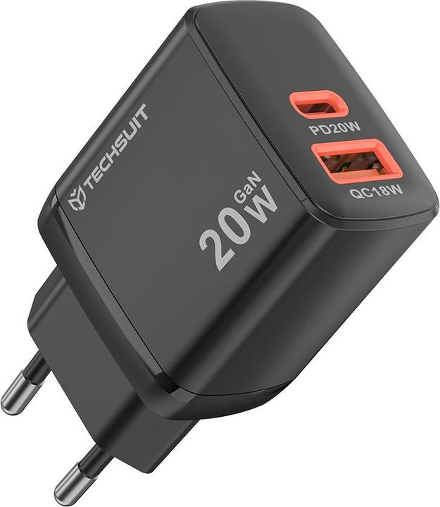 Techsuit - Wall Charger Duonix20W (CH2) - Type-C, USB, Dual Travel Charger 20W - Black (20 W, 2 ports)