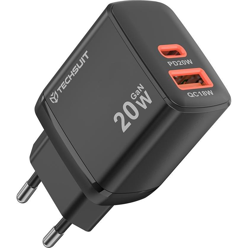 Techsuit - Wall Charger Duonix20W (CH2) - Type-C, USB, Dual Travel Charger 20W - Black (20 W), Caricatore USB, Nero