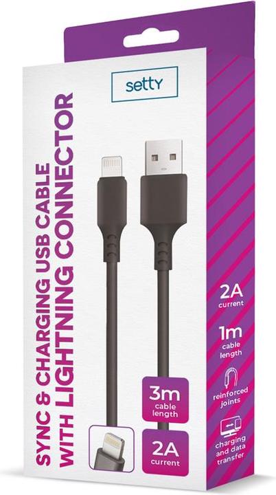 Produktbild Setty Kabel USB - Lightning 3,0 m 2A schwarz NEU (3 m, 10 W)