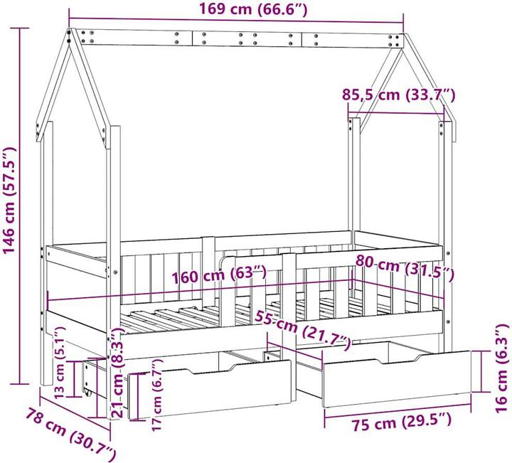 Produktbild vidaXL Kinderbett Hausbett Holzbett mit Schubladen 80x160cm Massivholz Kiefer (80 x 160 cm)