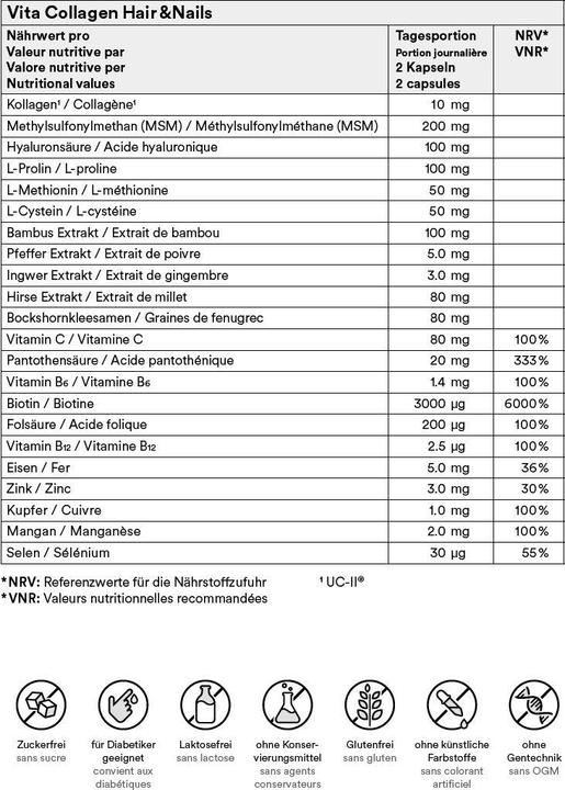 Valeurs nutritives et ingrédients Vita Collagène Cheveux & Ongles (120 pièce(s), Capsules, 325 g)