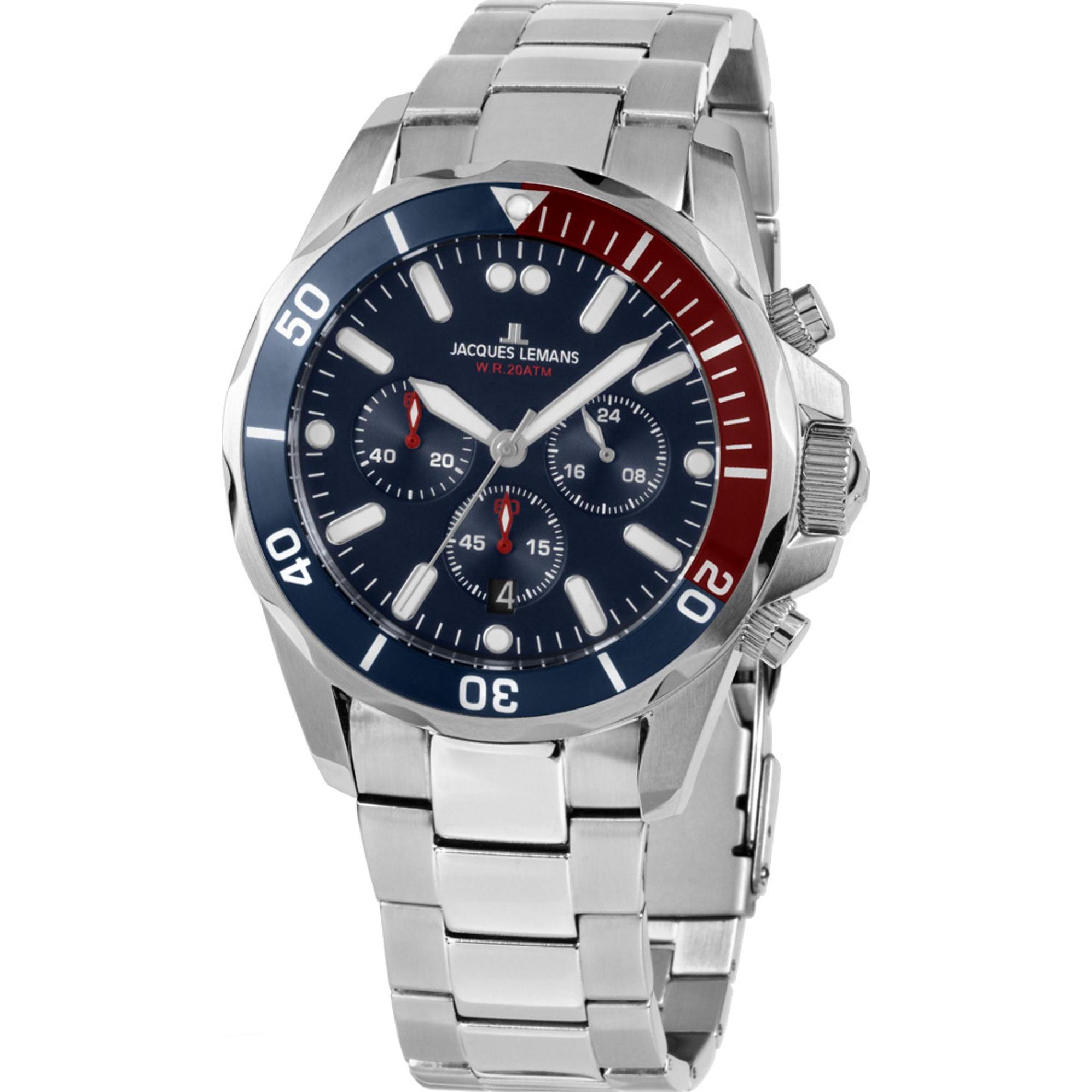 Jacques Lemans, Armbanduhr, Chronograph Sport, Silber, (Chronograph, 44 mm)