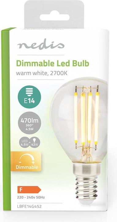 Actual product image Nedis LED Filament Lamp E14 G45 4.5 W 470 lm 2700 K Dimmable Warm White 1 pc Clear (E14, 4.50 W, 470 lm, 1 x, F)