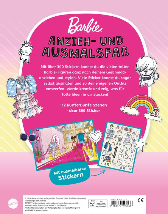 Produktbild Ravensburger Mein Ausmalstickerbuch Barbie - Anziehpuppen
