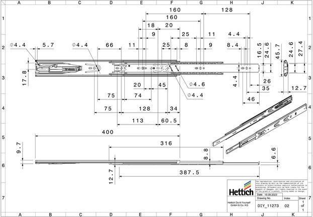 Image du produit Hettich Schubladenschiene Vollauszug 400 mm mit Anschlagdämpfung chromatiert 9126921 2 Stück
