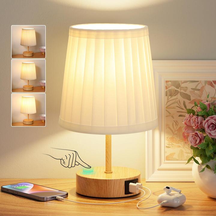 Produktbild Alopini Bedside Lamp Touch Dimmable, USB A+C Charging Function, Table Lamp with Lampshade (E27)