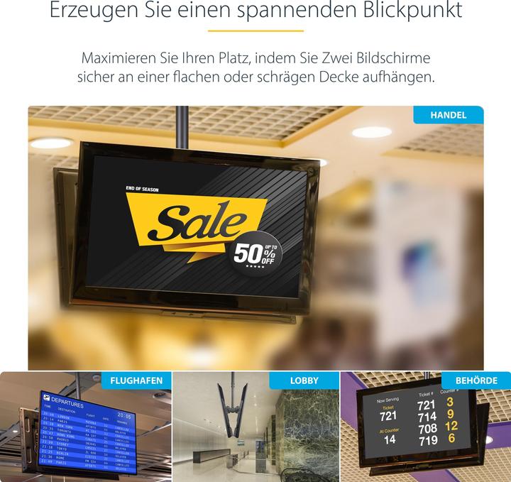 Produktbild StarTech Rücken-an-Rücken dual Deckenhalterung - für 32 bis 70 Zoll Fernseher - Stangenlä (Decke, 75")