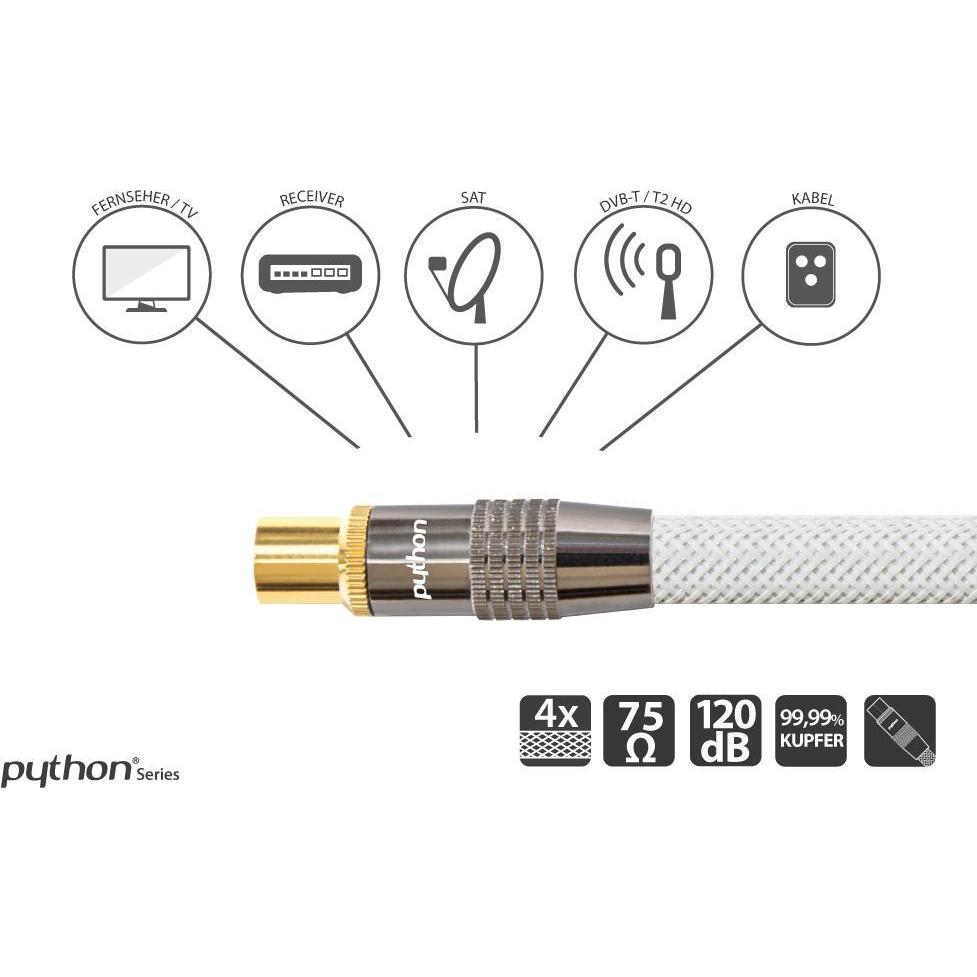 Thumbnail - Python SAT-Antennenkabel, IEC/Koax-Stecker auf Buchse vergoldet, Abschirmung 120 db, 75 Ohm, Nylongeflecht (120 dB, Ante...