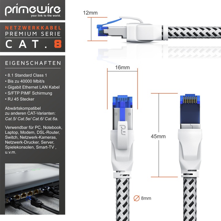 Actual product image Primewire CAT 8 network cable 40 Gbits - cotton jacket - LAN cable patch cable RJ45 - S/FTP PIMF shielding (S/FTP, CAT8.1, 10 m)