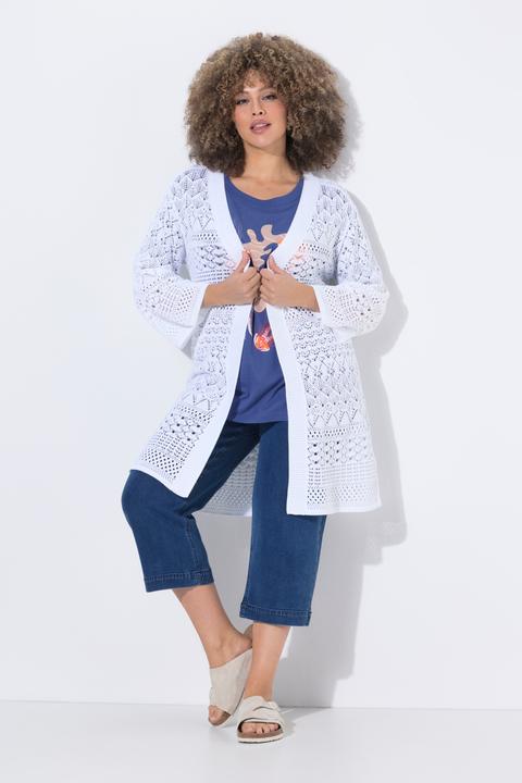 Produktbild Ulla Popken Long-Strickjacke, Ajourstrick, offene Form, 3/4-Arm (54)