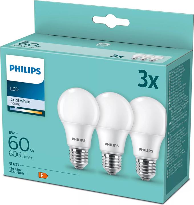 Actual product image Philips LED 60W A60 E27 CW FR ND 3PF/6 DISC (E27, 9 W, 806 lm, 3 x, F)