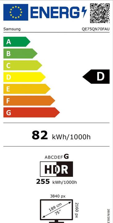 Etichetta energetica Samsung QE75QN70F (75", QN70F, NeoQLED, 4K, 2025)