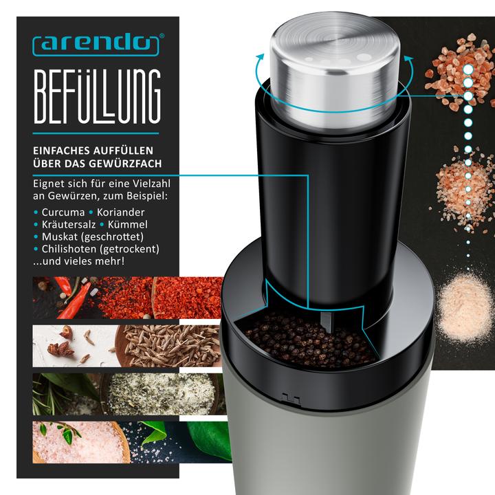 Produktbild Arendo Salz- & Pfeffermühle Elektrisch 2er Set, Gewürzmühlen, Edelstahl, einstellbar, Batteriebetrieben (Kräuter, Salz, Pfeffer)