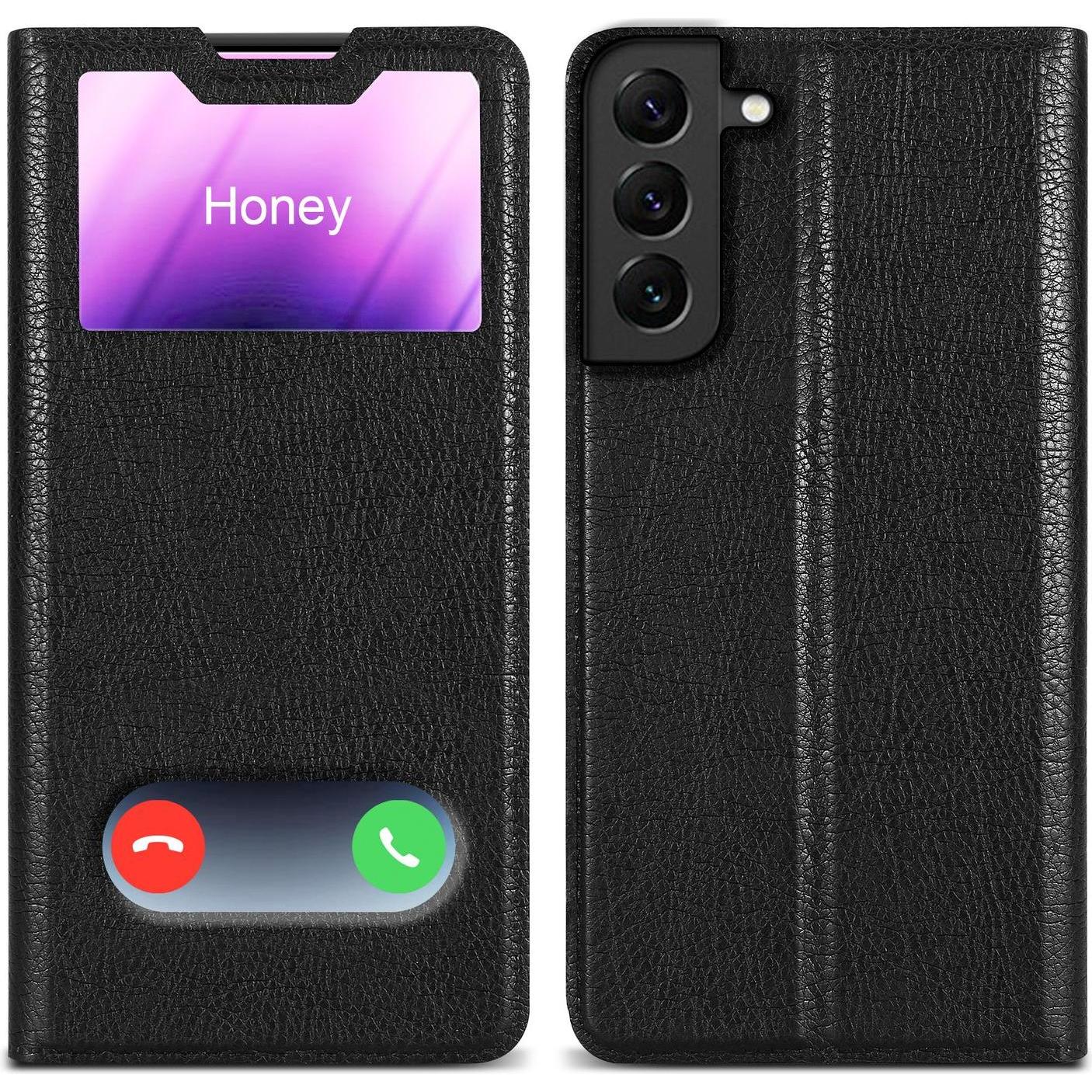 Cadorabo Book Hülle mit Doppelfenster für Samsung Galaxy S22 PLUS (Samsung Galaxy S22+), Smartphone Hülle, Schwarz