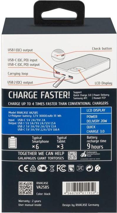 Produktbild Rivacase Powerbank 30000 mAh USB-C 20W + LCD schwarz (1x I/O USB-C PD 18W / PD 20W 2x USB-A QC 3.0 (30000 mAh, 20 W, 111 Wh)