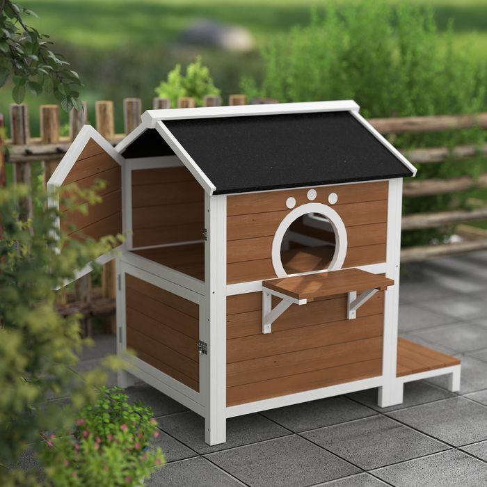 Produktbild Swisshandel24 Katzenhaus aus Holz Katzenhöhle mit Fenster, Balkon für Indoor, Outdoor Braun (Katze)