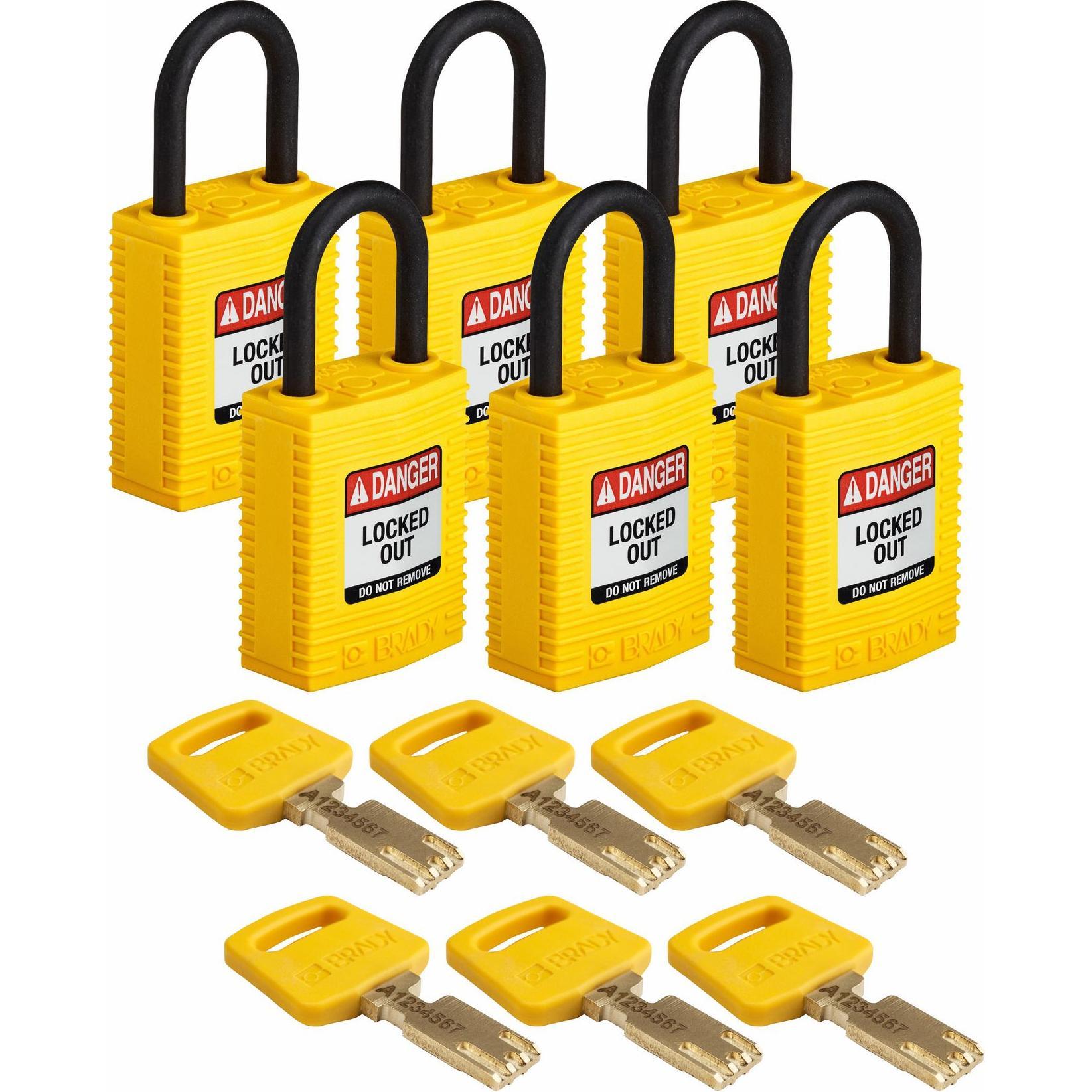 Brady, Vorhängeschloss, Safekey Kompaktes Nylon-Sicherheitsschloss mit Nylonbügel, Gelb, 25 mm Bügelhöhe, 4.3 mm Büg