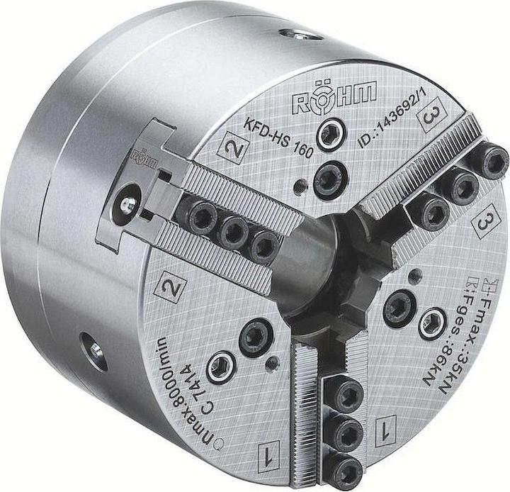 Röhm Kraftspannfutter KFD-HS 140, 3-Backen, Spitzverzahnung 90°, Zylindrische Zentrieraufnahme