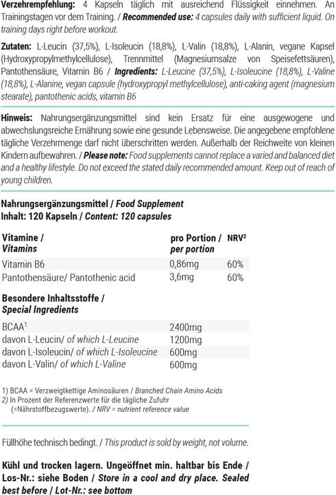 Valeurs nutritives et ingrédients Foodspring Bcaa (1 pièce(s), Capsules, 96 g)